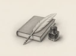 Pencil illustration of a book, quill and ink bottle